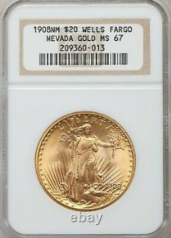 1908 No Motto Saint Gaudens $20 Double Eagle Gold Coin Wells Fargo NGC MS67