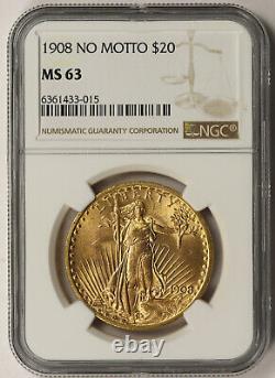 1908 No Motto Saint Gaudens Double Eagle Gold $20 MS 63 NGC