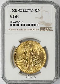 1908 No Motto Saint Gaudens Double Eagle Gold $20 MS 64 NGC