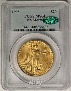 1908 No Motto Saint Gaudens Double Eagle Gold $20 MS 64 PCGS CAC Approved