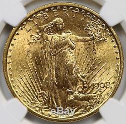 1908 No Motto Saint Gaudens Double Eagle Gold $20 MS 64+ Plus NGC