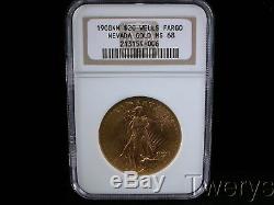 1908 No Motto Saint Gaudens Gold $20 Double Eagle Wells Fargo Nevada Ngc Ms 68