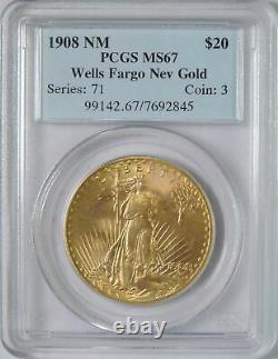 1908 No Motto Saint St Gaudens $20 Double Eagle Gold Coin Wells Fargo PCGS MS67