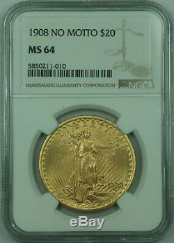 1908 No Motto St. Gaudens $20 Double Eagle Gold Coin NGC MS-64 (A)