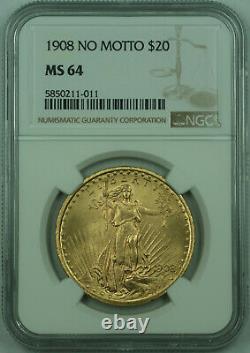 1908 No Motto St. Gaudens $20 Double Eagle Gold Coin NGC MS-64 (B)
