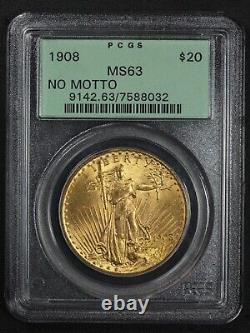 1908 No Motto St Gaudens $20 Twenty Dollar Gold Double Eagle OGH PCGS MS 63