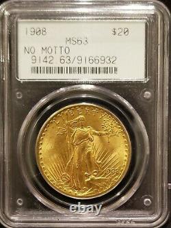 1908 No Motto St. Gaudens $20 Twenty Dollar Gold Double Eagle, PCGS MS-63