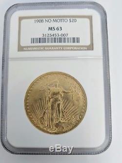 1908 No Motto St Gaudens Double Eagle $20 Gold Coin NGC Certified MS 63