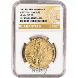 1908 No Motto US Gold $20 Saint-Gaudens Double Eagle NGC MS62 Guaranteed Label