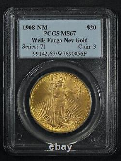 1908 No Motto Wells Fargo Nevada $20 St Gaudens Gold Double Eagle PCGS MS 67