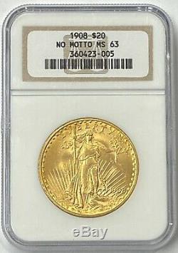 1908-P $20 Saint Gaudens Gold Double Eagle No Motto Pre 33 NGC MS63 Old Holder