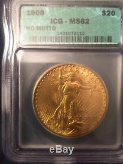 1908 PCGS MS-62 OGH No Motto St. Gaudens $20 Double Eagle Gold Coin