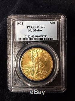 1908 PCGS MS 63 No Motto $20 St. Gaudens Double Eagle Gold Coin