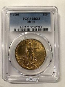 1908 PCGS MS 63 St Gaudens Double Eagle $20 Gold Coin With Motto