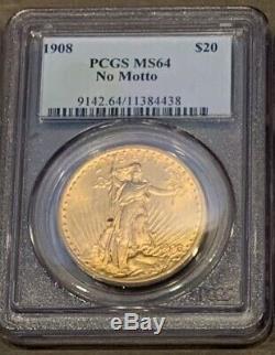 1908 PCGS MS64 Gold St. Gaudens Double Eagle $20 coin No Motto