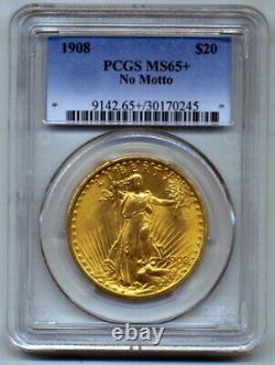 1908 PCGS MS65+ $20 St. Gaudens Gold Double Eagle No Motto
