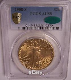 1908-S $20 St Gaudens PCGS AU58 Gold Double Eagle CAC Affirmed, Rare Key Date