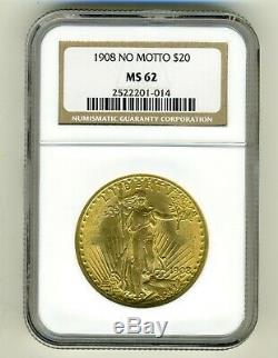 1908 Saint Gaudens Double Eagle $20 Gold Ngc Ms62 No Motto