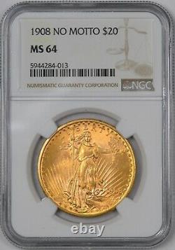 1908 Saint Gaudens Gold Double Eagle No Motto $20 NGC MS64