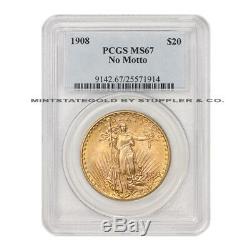 1908 Saint Gaudens No Motto PCGS MS67 $20 Gold Double Eagle Philadelphia coin NM