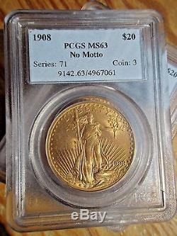 1908 St. Gaudens $20 Gold Coin Gsa Ngc Ms 63 Double Eagle No Motto Certified
