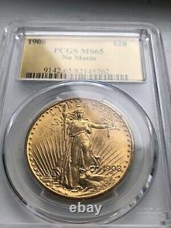 1908 St. Gaudens Gold Double Eagle Coin $20 Twenty Dollar No Motto PCGS MS 65