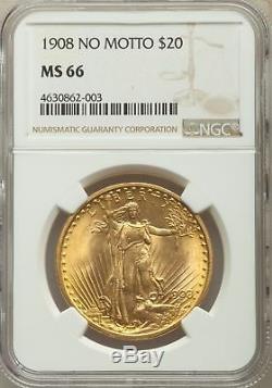 1908 US Gold $20 Saint Gaudens Double Eagle No Motto NGC MS66