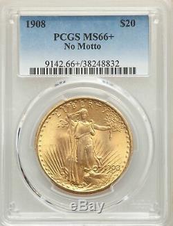 1908 US Gold $20 Saint Gaudens Double Eagle No Motto PCGS MS66+