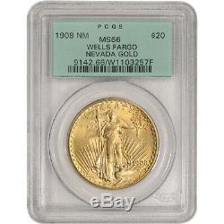 1908 US Gold $20 Saint-Gaudens Double Eagle No Motto PCGS MS66 Wells Fargo
