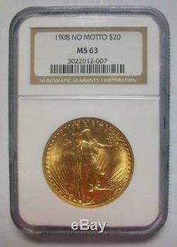 1908 no motto $20 st gaudens double eagle- NGC-MS-63