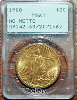 1908-p St. Gaudens No Motto Gold $20 Double Eagle Pcgs Graded Ms63