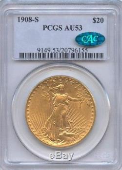1908-s Saint Gaudens Double Eagle PCGS AU53 CAC gold coin