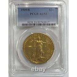 1909/8 $20 Gold Double Eagle Saint Gaudens Coin PCGS AU-53