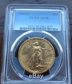 1909/8 $20 St. Gaudens US Gold Double Eagle Coin PCGS AU58