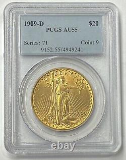 1909-D $20 Saint Gaudens Gold Double Eagle Pre-33 PCGS AU55 Low Mintage 52,500