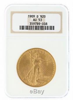 1909-D NGC AU53 $20 Saint Gaudens Double Eagle Denver Minted in Old Holder