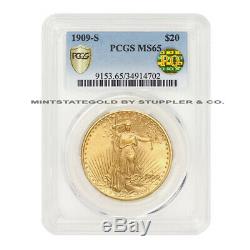 1909-S $20 Saint Gaudens PCGS MS65 PQ Approved Gold Double Eagle Gem coin
