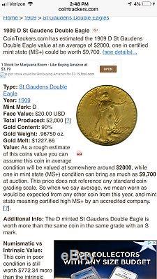 1909 St Gaudens double eagle gold $20 coin has a mint