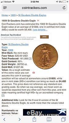 1909 St Gaudens double eagle gold $20 coin has a mint