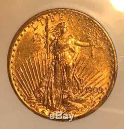 1909 over 8 $20, NGC MS62 ST GAUDENS DOUBLE EAGLE V RARE, ONLY 916 GRADED MS62