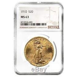 1910 $20 Gold Saint Gaudens Double Eagle Coin NGC MS 63