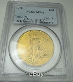 1910 $20 St. Gaudens Double Eagle Gold Coin Certified Pcgs Ms61