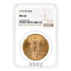 1910 D $20 Gold Saint Gaudens Double Eagle Coin NGC MS 64