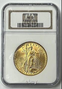 1910-D $20 Saint Gaudens Gold Double Eagle Pre-1933 NGC MS61 Low Mintage 429,000