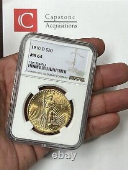 1910-D $20 Saint Gaudens Gold Double Eagle Pre-1933 NGC MS64 Fresh To The Market