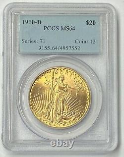 1910-D $20 Saint Gaudens Gold Double Eagle Pre-1933 PCGS MS64 Fresh Old Holder