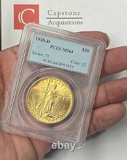 1910-D $20 Saint Gaudens Gold Double Eagle Pre-1933 PCGS MS64 Fresh Old Holder