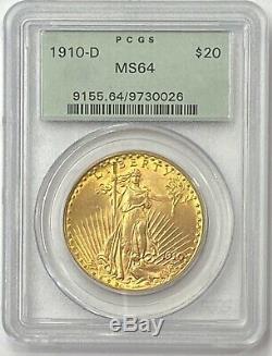 1910-D $20 Saint Gaudens Gold Double Eagle Pre-33 PCGS MS64 Old Green Holder PQ+