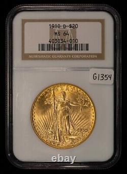 1910-D G$20 Saint-Gaudens Gold Double Eagle NGC MS 64 PQ Coin G1354