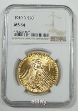 1910-D GOLD St. Gaudens Double Eagle $20 CERTIFIED NGC MS 64